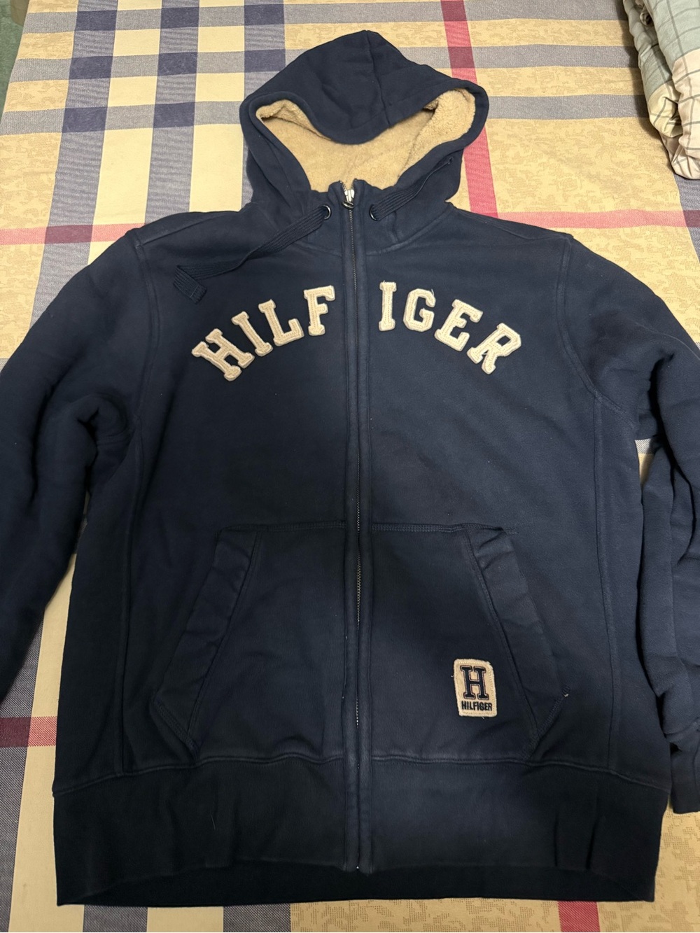 Tommy Hilfiger Navy Zip Hoodie with Cream Sherpa Fleece Lining (L)